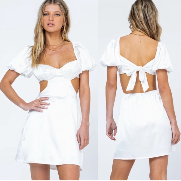 Princess Polly Dresses & Skirts - Princess Polly Cindi White Pleated Bust Puff Sleeve Tie Back Satin Mini Dress